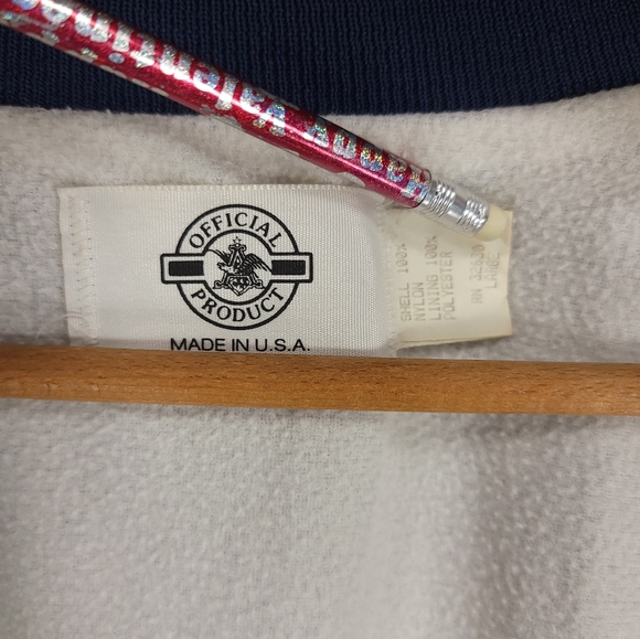 Vtg Bud Light Snap Front Satin Jacket Men's Large Navy Blue Nylon Distressed - Picture 12 of 14